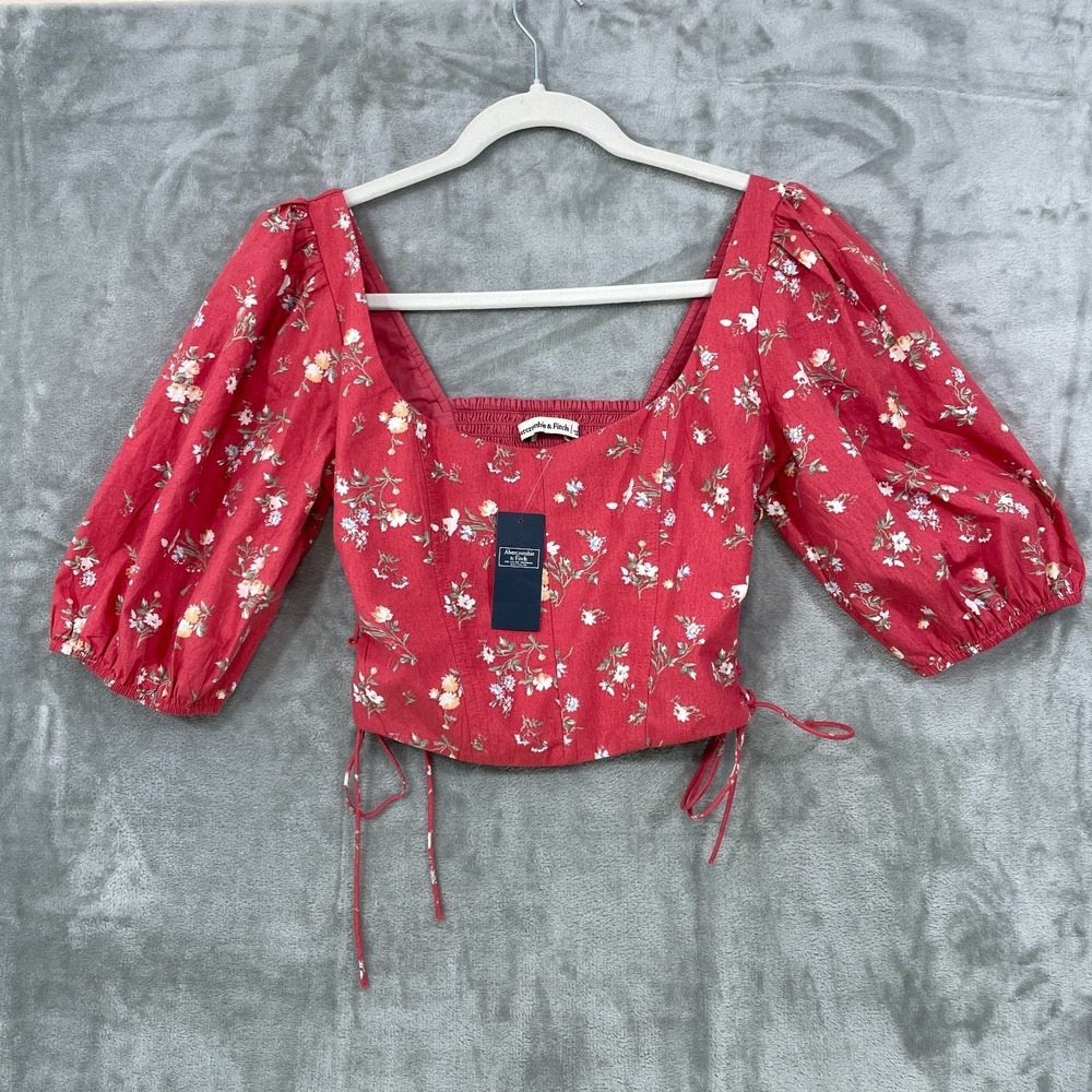Abercrombie & Fitch Small Red Floral Puff Sleeve Smocked Crop Top Lace-Up NWT